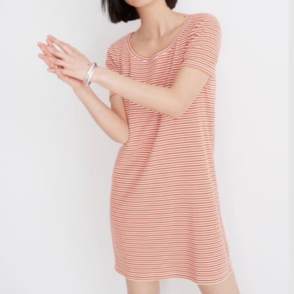 Madewell Swingy Tee Dress in Stripe Red Brown Size S